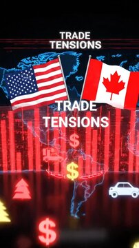 Flags of usa and canada with world map and financial symbols