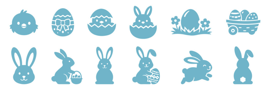 Collection of Easter bunny silhouettes set including jumping rabbits egg and cross icons for spring holiday celebration design isolated vector illustrations on white background. rabbit poses decoratio