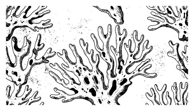 Detailed hand drawn underwater coral reef or lichen structures in monochrome ink style