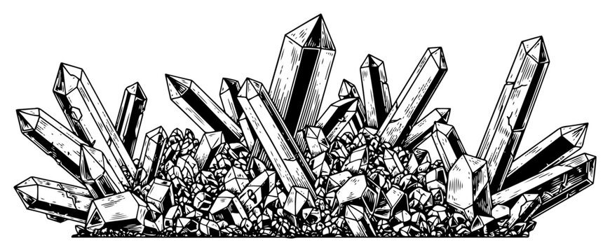 Hand drawn vintage engraving of crystal formation and mineral gem cluster with hatching texture