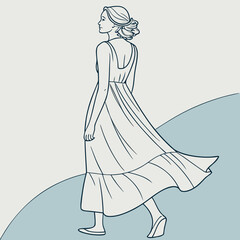 Fototapeta premium Woman Walking in Long Dress Minimal Line Art Illustration
