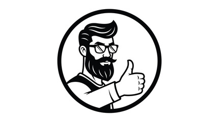 Fototapeta premium Circular black and white logo featuring a bearded man with glasses giving a positive thumbs up sign to the viewer.