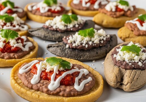 Traditional mexican sopes and tlacoyos topped with beans, salsa, crema, and fresh cilantro