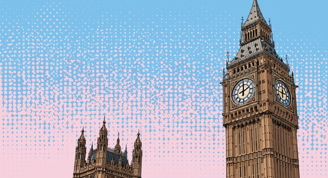 Detailed illustration of the iconic Big Ben clock tower and Houses of Parliament in London under a clear sky.