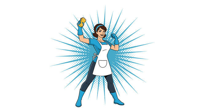Empowered female cleaner in an apron and gloves poses like a superhero against a bright blue starburst background.