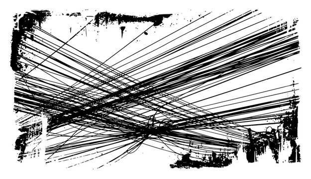 Grungy urban street illustration with tangled overhead wires and messy cables in a chaotic city landscape
