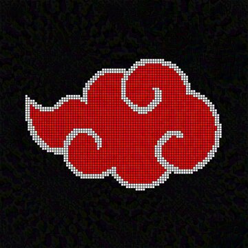 Pixel art style illustration of the iconic red cloud symbol associated with the Akatsuki organization from the Naruto anime and manga series, set against a dark textu