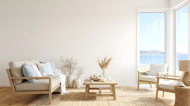 Bright minimalist living room with wooden furniture and neutral decor, featuring a large window that offers a serene view of a sunny beach and the blue ocean.