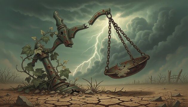An allegory of fractured justice. A broken, overgrown scale of justice lies half-buried in cracked, dry earth