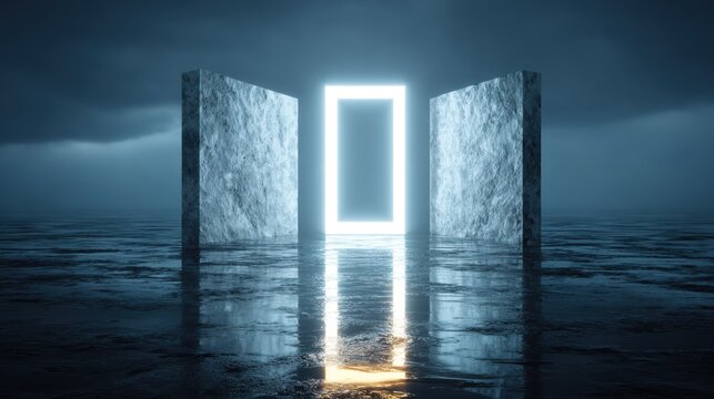Glowing rectangular portal is framed by rough monolithic structures on a dark reflective surface