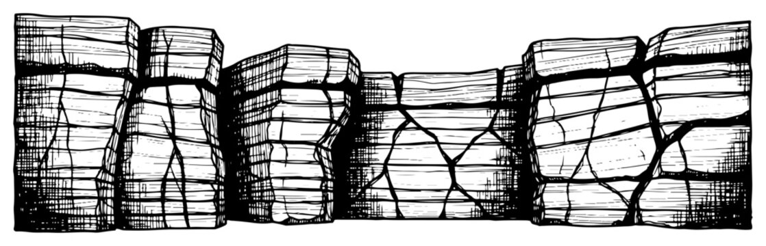 Hand drawn vintage engraving of layered rocky cliffs and stone wall formations with hatching texture
