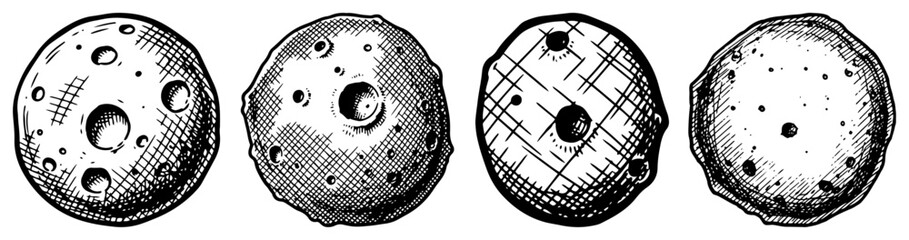Hand drawn set of celestial bodies like moons or asteroids with craters in ink style © Mago