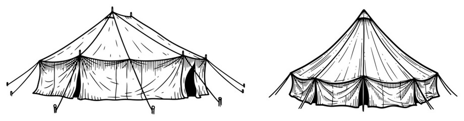 Detailed hand drawn illustration of large circus tents or festival pavilions in ink style © Mago