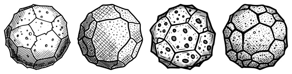 Hand drawn vintage engraving of four faceted geometric rock boulders with hatching texture © Mago