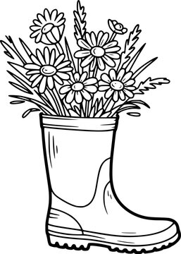 Black and white line of a rubber boot filled with daisies and grass wellington flower