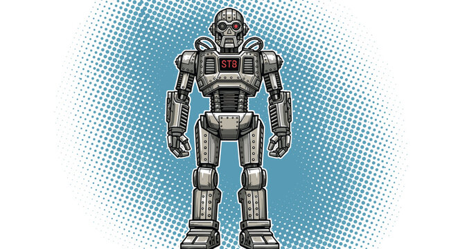 Classic metallic robot character stands in a confident pose against a blue halftone background in a detailed retro comic book art style.