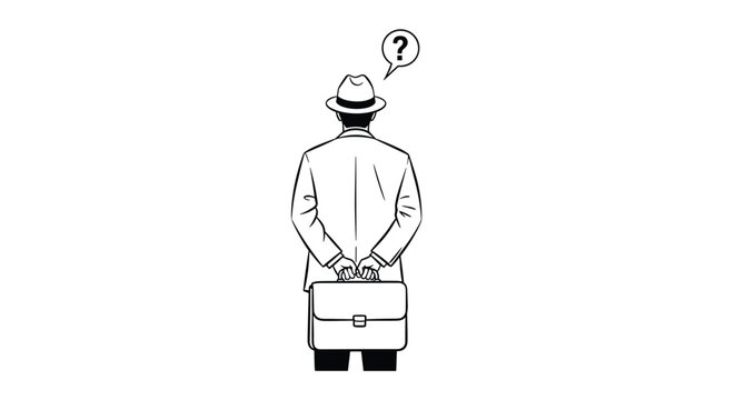 Back view of a mysterious man in a fedora and suit carrying a briefcase with a floating question mark representing doubt or curiosity.