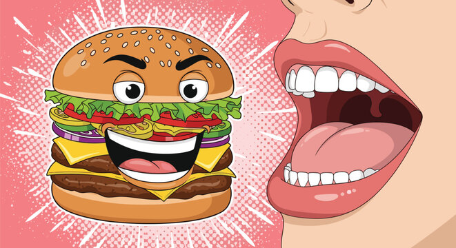 Hungry mouth with red lips and white teeth opens wide to bite into a funny double cheeseburger character with a smiling face and eyes.