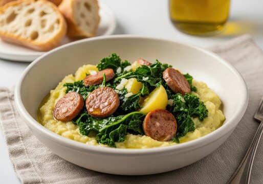 Traditional dutch stamppot with kale, mashed potatoes, and sliced sausage served in a bowl with bread