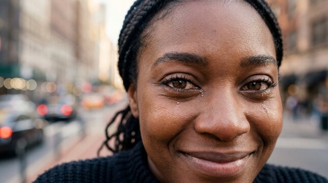 Young Black Woman with Tears and a Smile in City Street