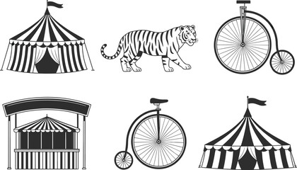 Circus icons set, vintage carnival elements collection with tent tiger and unicycle for entertainment design © Sume