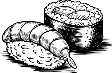Hand Drawn Black and White of Shrimp Nigiri and Maki Sushi Roll seafood © Khalid
