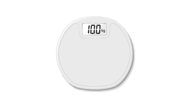 A modern round white digital bathroom scale with a clear glass surface displays a weight of one hundred kilograms against a clean white background.