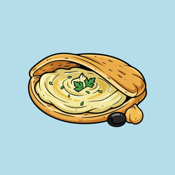 A detailed vector illustration of a warm pita bread pocket filled with creamy hummus, garnished with fresh parsley, an olive, and a chickpea.