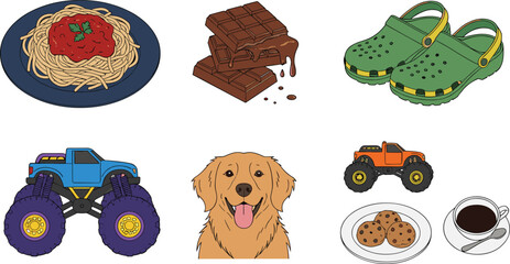 Premium Vector Graphic Set with Spaghetti Pasta, Melting Chocolate Bar, Garden Clogs, Monster Trucks, Golden Retriever Dog, Chocolate Chip Cookies, and Black Coffee Cup © Mohammad