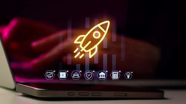 Hands typing on laptop with rocket launch graphic illustrating speed, technology, and innovation in a digital workspace setting.