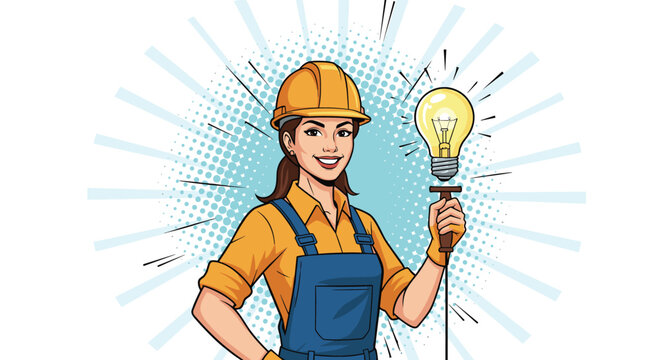Smiling female electrician or construction worker wearing a hard hat and blue overalls holding a glowing light bulb in a pop art style.