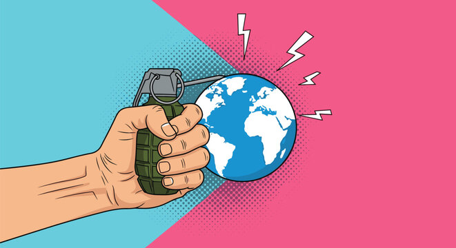Hand holding a green hand grenade in front of a blue globe, symbolizing global conflict, war, and international security in pop art style.
