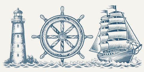Vintage nautical illustration featuring a lighthouse ship s wheel and sailing ship © Sudebi