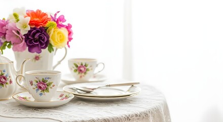 Fototapeta premium Elegant floral tea set on a white lace tablecloth, featuring a teapot, teacups, and a vibrant bouquet of spring flowers with plenty of negative space for text.