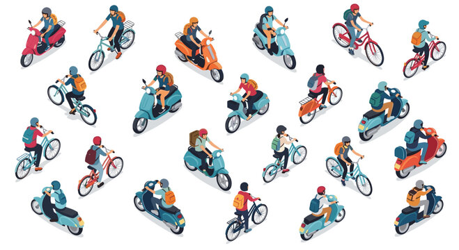 A vibrant isometric illustration features a large variety of people riding colorful scooters and bicycles through an organized urban transport layout.