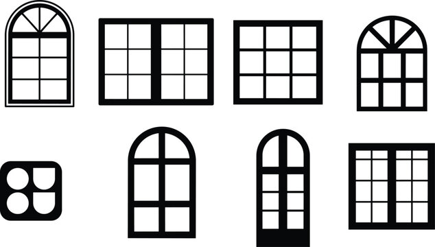 Window icons set, architectural window frames collection for house building and interior design