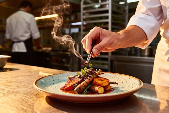 Detailed chef, kitchen, plating, food, autumn concept with studio lighting, dynamic composition, high clarity, perfect for commercial use, marketing visuals, digital platforms and creative design asse