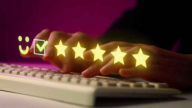 Hands are typing on a keyboard while giving a five-star rating to a service or product in a review.