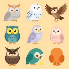 Obraz premium Different Species of Owls Cartoon Character Set, Cute Bird Icons in Various Colors and Actions Including Flying and Sitting for Wildlife Concept