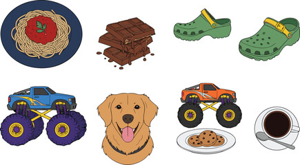 Vector Graphic Illustration Set Featuring Italian Spaghetti, Melting Chocolate Bars, Green Clog Shoes, Monster Trucks, Golden Retriever Dog, and Coffee with Cookies © Mohammad