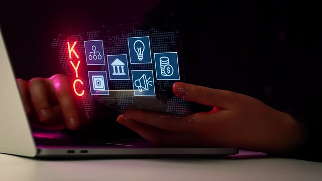 User working on KYC process on a laptop at a desk in a dark room with glowing icons on the screen.