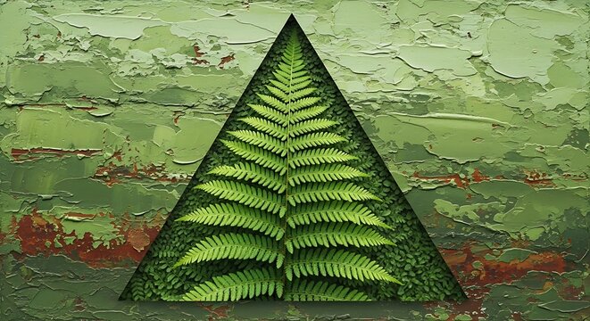 Green fern art inside a triangle over a textured, mottled, green background
