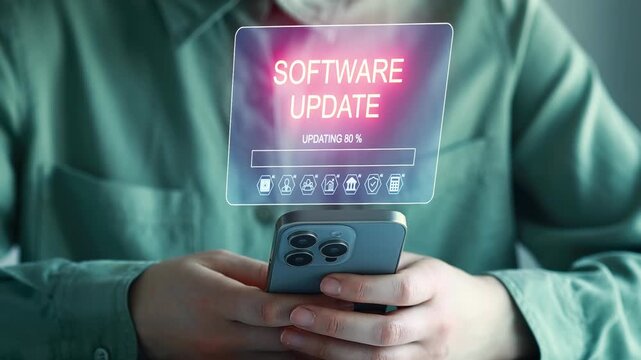 Software update in progress on smartphone with display showing status and update details while person holds device.
