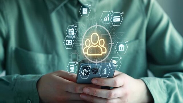 Person uses smartphone to interact with digital icons representing technology and data analysis in a modern setting.