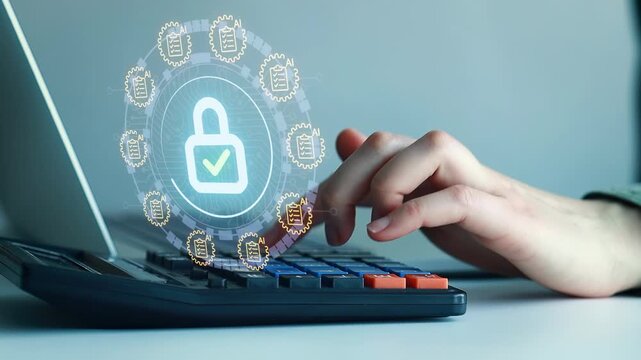 Hands typing on a laptop with a digital lock icon and security symbols appearing on the screen.