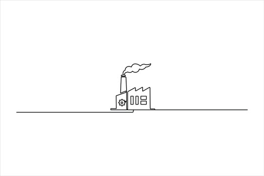 Minimalist continuous one-line drawing of a factory building with a gear and smoke, symbolizing industrial production and Labor Day.