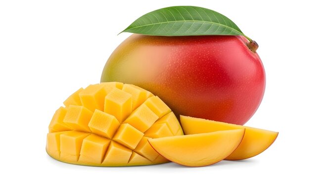 A mango with a leaf on top and slices cut out
