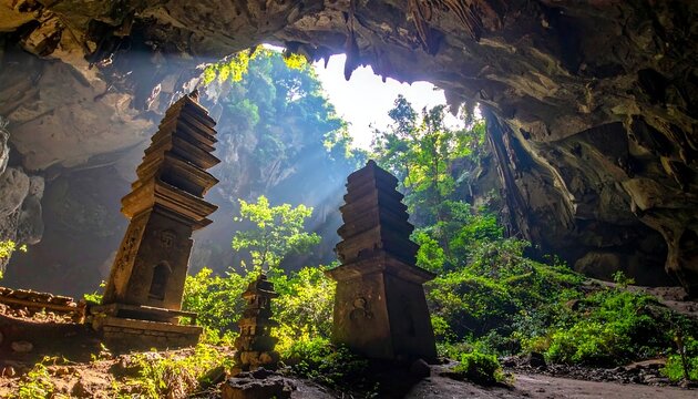 Cave Pagodas. Light streams into a lush, green cavern with stone pagodas near the entrance