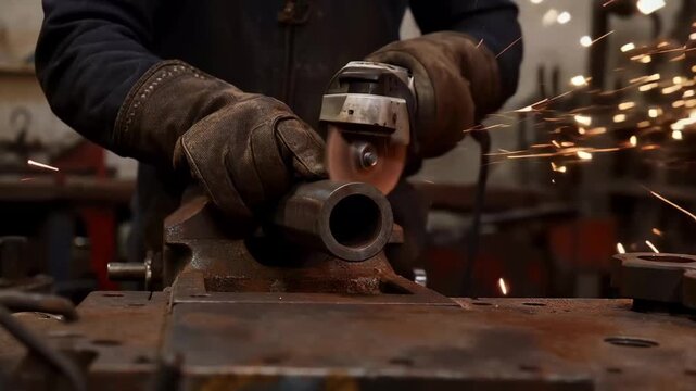 A person using a grinder to grind metal, sparks flying from the surface as they work.