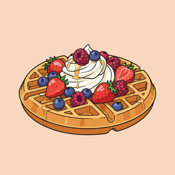 A colorful vector illustration of a round golden-brown waffle topped with whipped cream, fresh strawberries, blueberries, raspberries, and honey.